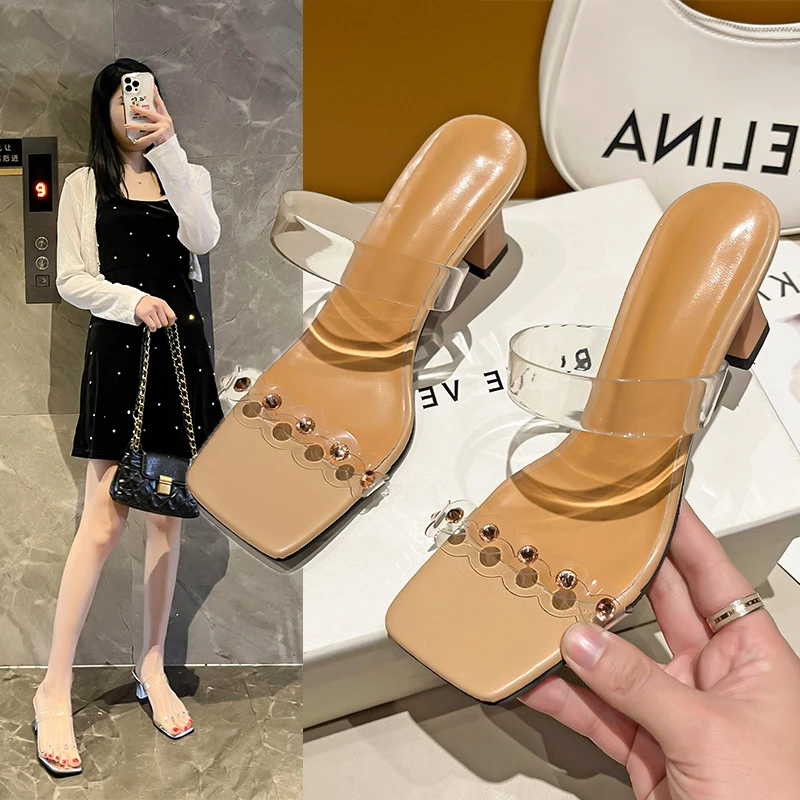 

Fashion PVC Women Shoes Summer Square Heel Gold Chain Peep Toe Slippers Shallow Zapatillas Casa Mujer Sapatos Femininos