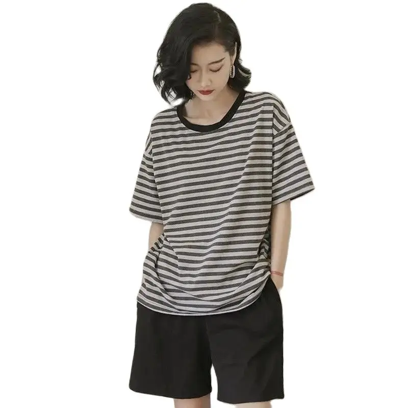 

Fashion Pajamas Women's Clothing Summer 2022 Short-Sleeved Shorts Suit New Striped Loose Plus Size Home Clothes Two-Piece Suit