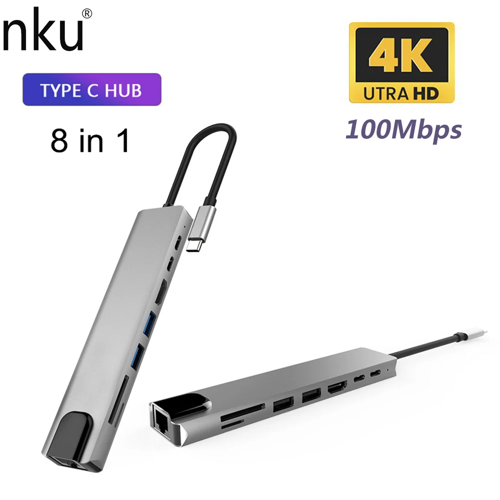 

Nku USB C Dock Type-C Thunderbolt 3 To 4K HDMI-Compatible TFSD USB RJ45 Ethernet Lan PD Charging 8-Port Hub Splitter for Macbook