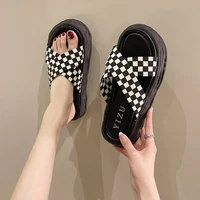 2022 summer new thick soled fashion casual slippers womens black and white checkerboard cross all match holiday womens sandals