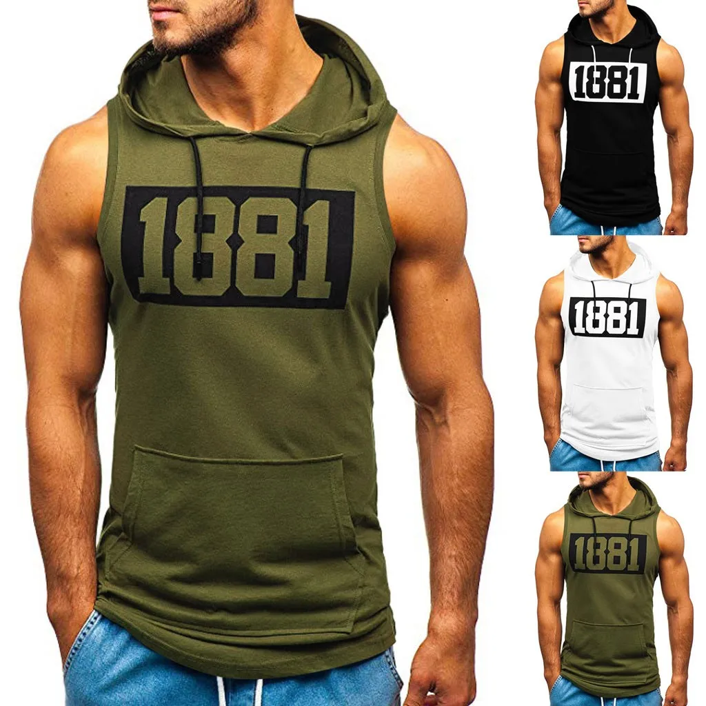 

Sports Tank Tops Men Fitness Muscle Print Sleeveless Hooded Bodybuilding Pocket Tight-drying Tops Summer Shirt For Men Clothing