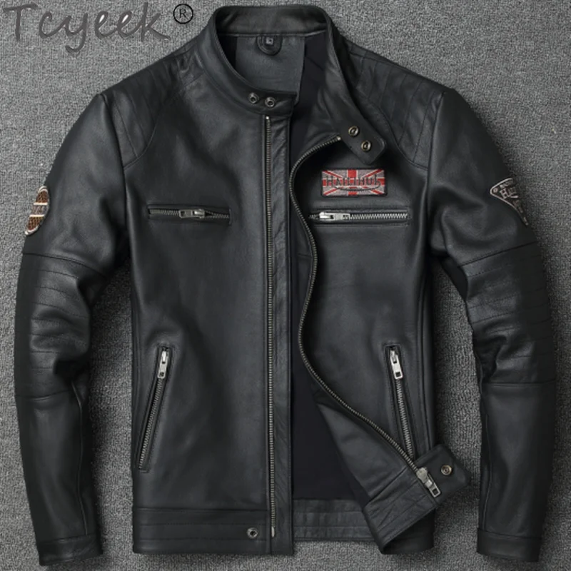 

Genuine Leather Jacket Men Vintage 100% Cowhide Coat Spring Autumn Mens Leather Motorcycle Jackets Chaquetas Hombre FCY