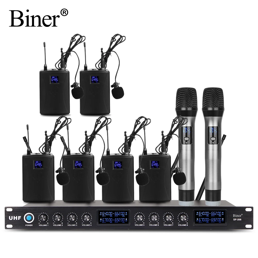 

Biner DF208 UHF 8 Channels Professional Lavalier Microphone Wireless with Case Handheld Microphone