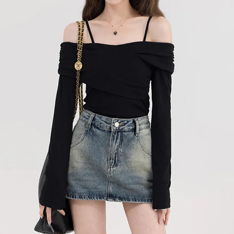 

Gidyq Women Sexy Off Shoulder T Shirts Streetwear All Match Female Slim Fit Long Sleeve Tops Korean Fashion Elegant Cropped Tees