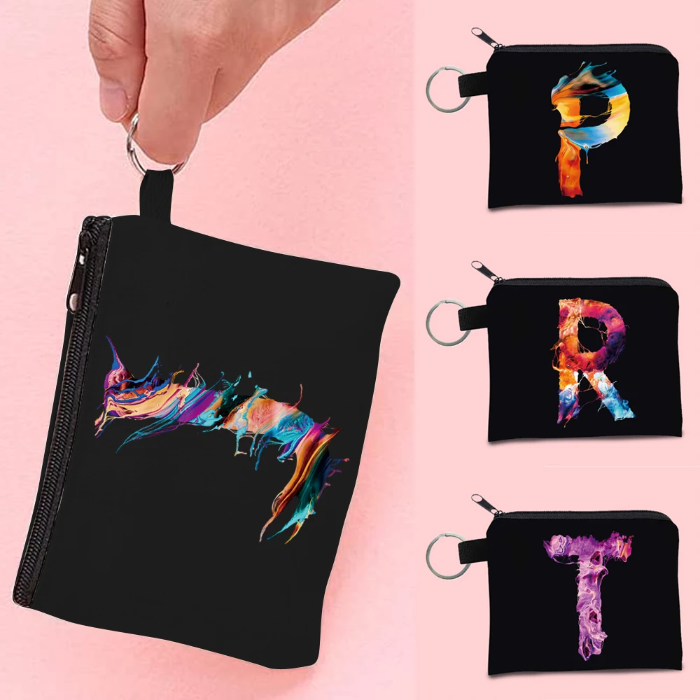 

Mini Coin Purse Wallet with Paint 26 Letters Zippered Pouch Children Coins and Cards Handbags Women Traveling Makeup Bag