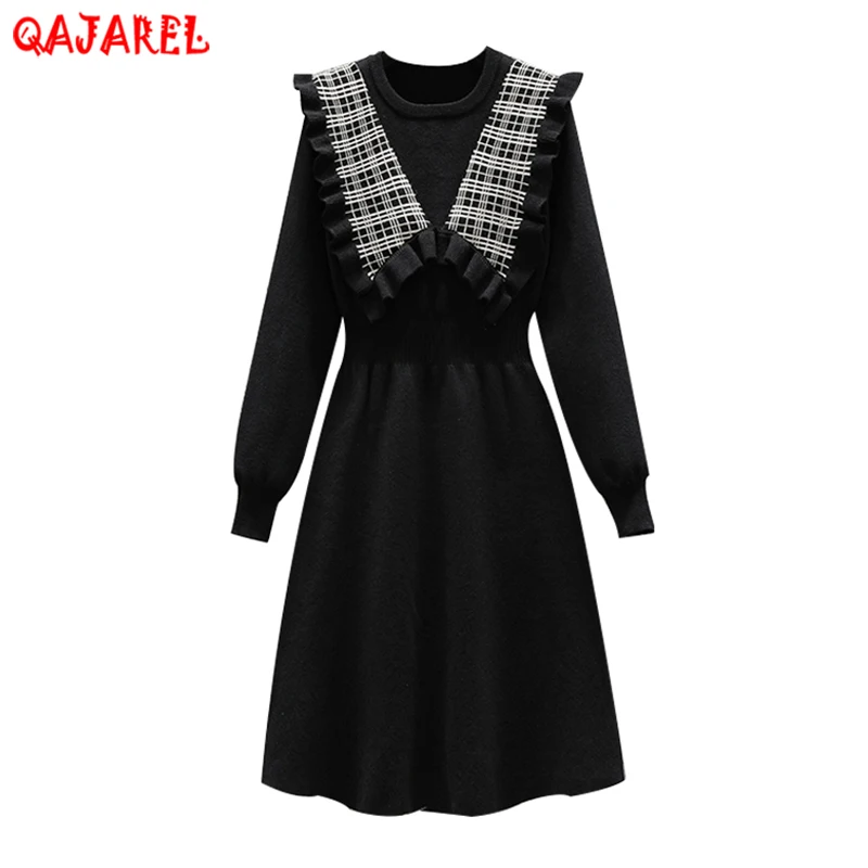 

2023 Red Knitted Cotton Patchwork Ruffled Midi Dress Women Black Korean Vintage Hepburn Dress Autumn Winter New Thick Warm Dress