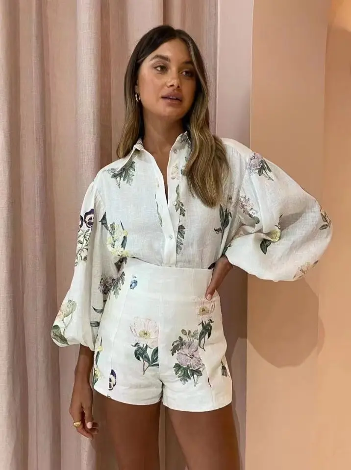 

Australian brand With Tag Women Summer New Holiday Wear Flower Pattern Loose Versatile Linen Spring Shirt Shorts Set 2022