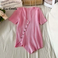 rin confa summer new style sexy all match top women thin knitting oblique buckle shirt simple v neck short sleeves top