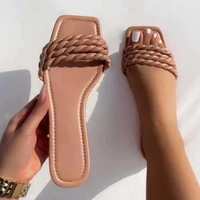2021 women weave square toe slippers woman summer sewing solid outdoor beach flats female casual shoes ladies big size footwear
