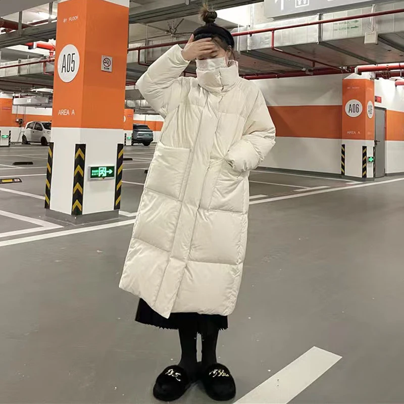 

Женский белый длинный пуховик, зимнее пальто с воротником-стойкой, модная утепленная пуховая куртка с утиным пухом и перьями, новая верхняя ...