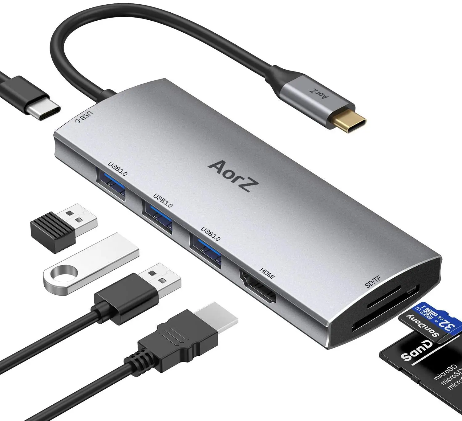 

Новый USB C Hub, Φ к HDMI мультипорту AorZ USB C Dongle адаптер 7 в 1 с выходом 4K HDMI, 3 USB 3.0 порта, SD/Micro SD карта