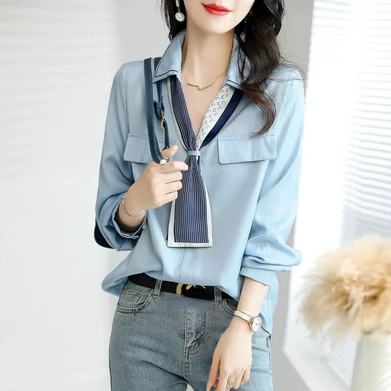 

Patchwork Elegant Blouse Women Loose All-match Social Business Chiffon Popular Cozyy Simple Stylish Spring Soft Office New Q489