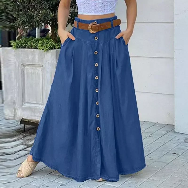 

Women's Spring Sundress 2022 ZANZEA Stylish Button Maxi Skirts Casual High Waist Long Vestidos Female Solid Robe Femme