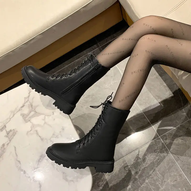 

Mid-tube Shoes Thick-soled Motorcycle Short Boots Mid-heel Low-top Lace-up Solid Color Women Side Zipper Flat