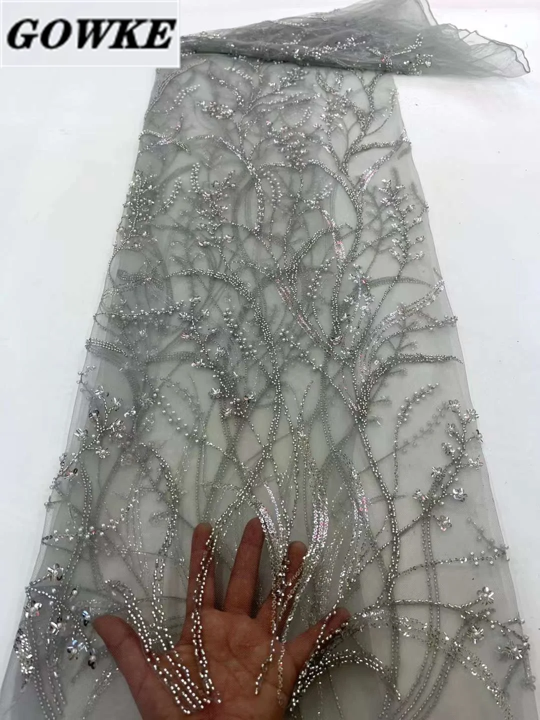 

Luxurious Grey African High Quality Sequined Net Lace Fabric Nigeria Handmade Luxury Beaded Tulle Lace For Bridal Birthday Dress