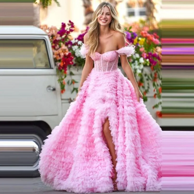 

Puffy Lush Women Dresses Party Long Pink Off Shoulder Feather High Waistline Slit Layered Prom Gowns A Line Corset Lace Up Back