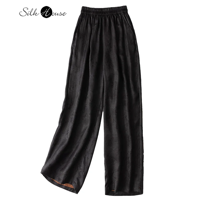 Natural Mulberry Silk Women's Fashion Clothes Summer Jacquard Black Fragrant Gambiered Guangdong Gauze Loose Broad Leg Pants