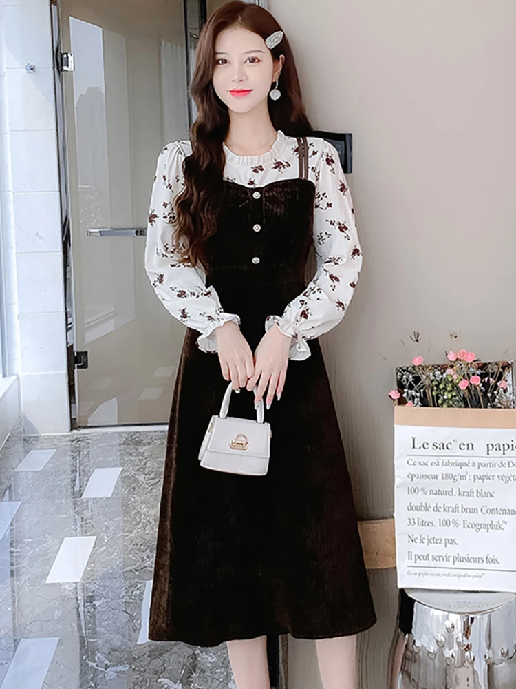 

Casual Floral Long Sleeve Midi Dress Autumn Winter Thck Warm Corduroy Dress 2023 Elegant Women Bodycon Party Evening Maxi Dress