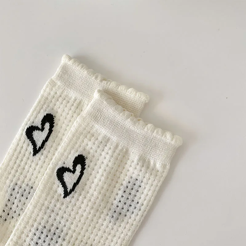 5PCS Fashion Summer Mesh Flower Cotton Socks Set for Women New Plaid Thin JK Lolita Japan Korea Black White Mid-tube Girls Socks