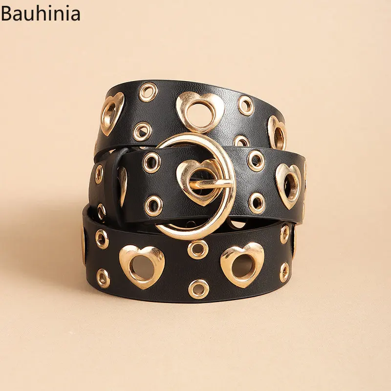 Bauhinia Women Fashion Leather Punk Belt With Adjustable Love Heart Holes All-match Decorative Jeans Belt