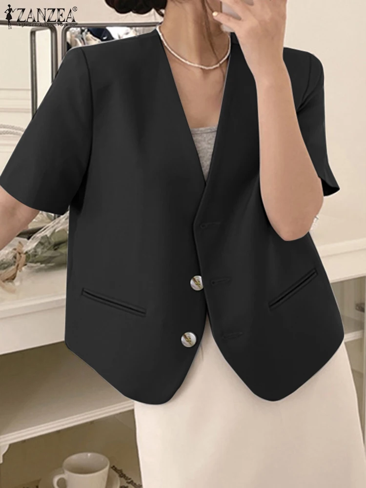 ZANZEA 2023 Spring Summer Solid Suit Jackets Korean Fashion Short Sleeve Blazer Women Office Wear V-neck Buttons Leisure Suits