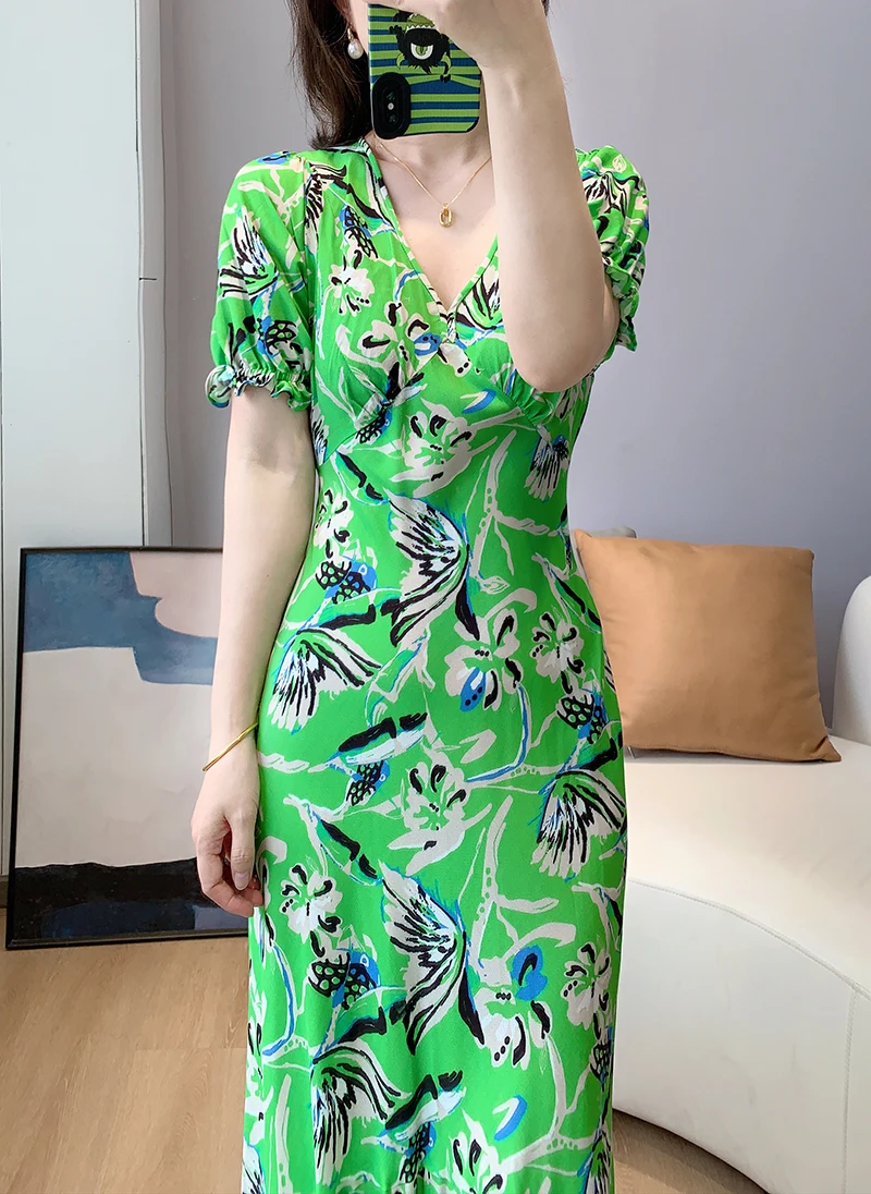 New Spring Summer Green Butterfly Print Puff Sleeves Midi Dress US 0-US 12