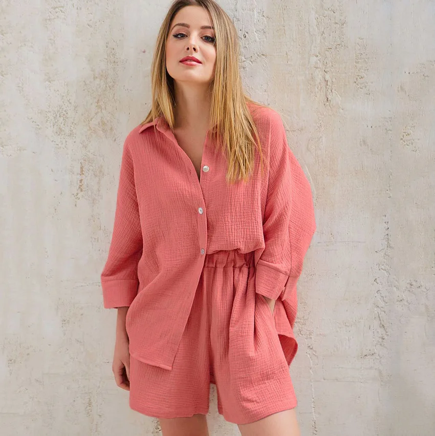 Summer Long-sleeved Shorts Suit Casual Crepe Home Clothes Pajamas Cotton Women. Blazer Mujer  Set Women 2 Pieces