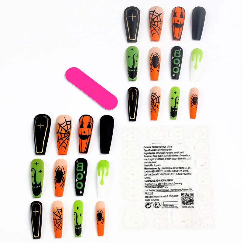 Фото Nail Art Хэллоуин Nail Piece 2024, носимые длинные INS Style Horror Spider Web Nail Piece Nail Art Patch Готовый продукт №3