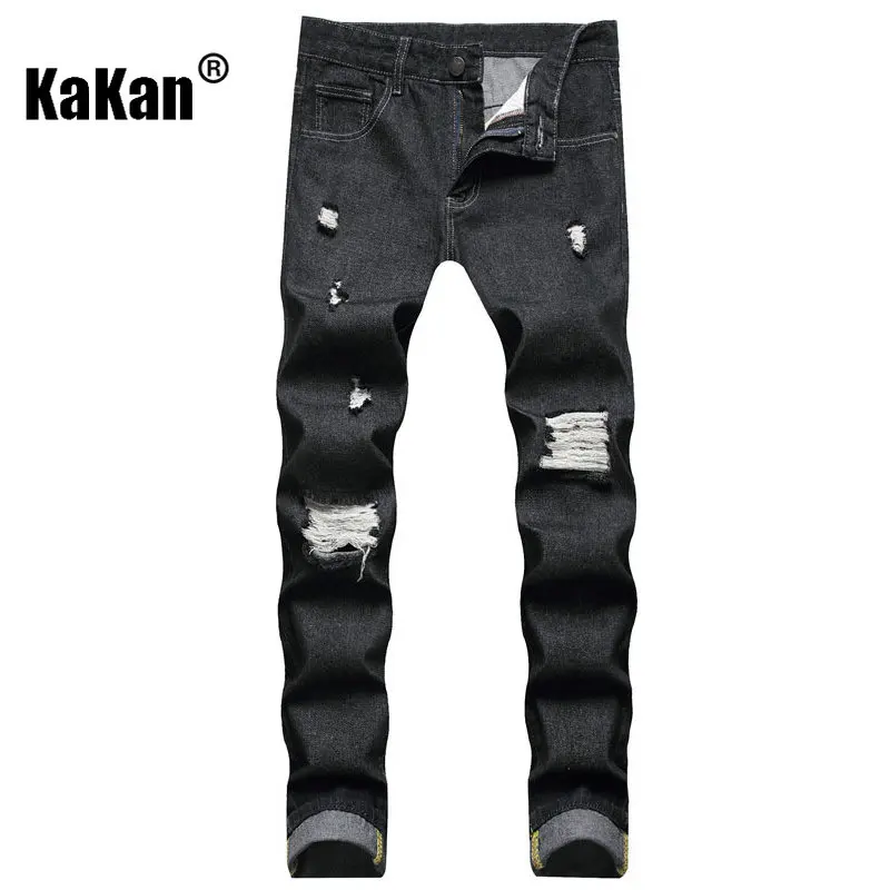 Kakan - New European and American Distressed Jeans for Men, Black and Yellow Khaki Hot Selling Straight Leg Casual Long JeansK44