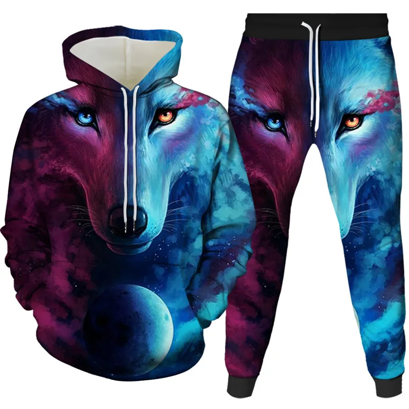 

Wolf Digital Print Pullover Hoodies Set Men's and Women's Sportsweater Two-piece Set