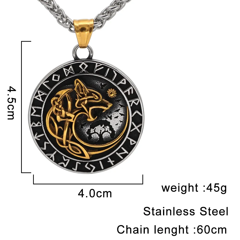 

Norse Mythology Odin's Wolf Necklaces Men Stainless Steel Viking Runes Vegvisir Amulet Pendant Scandinavian Vintage Male Jewelry
