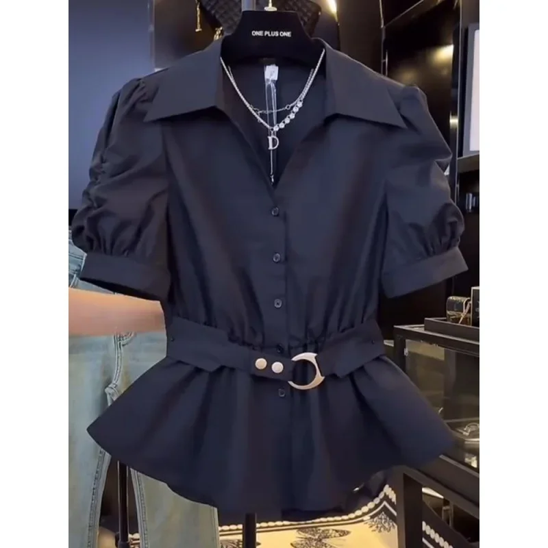 Женская рубашка с пышными рукавами и воротником-фонариком |