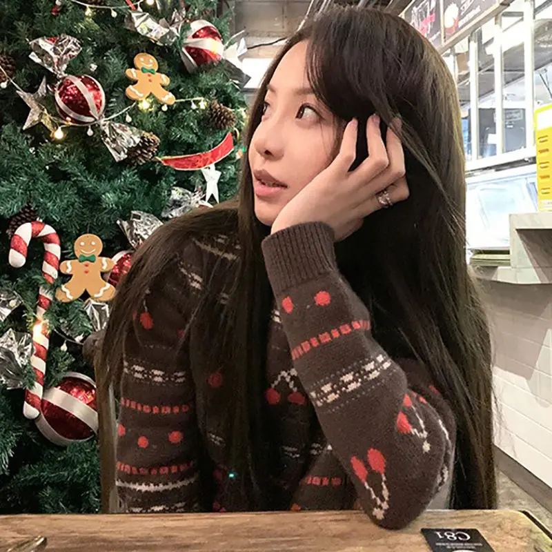 Gaganight женский ретро контрастный вишневый жаккардовый вязаный кардиган 2024