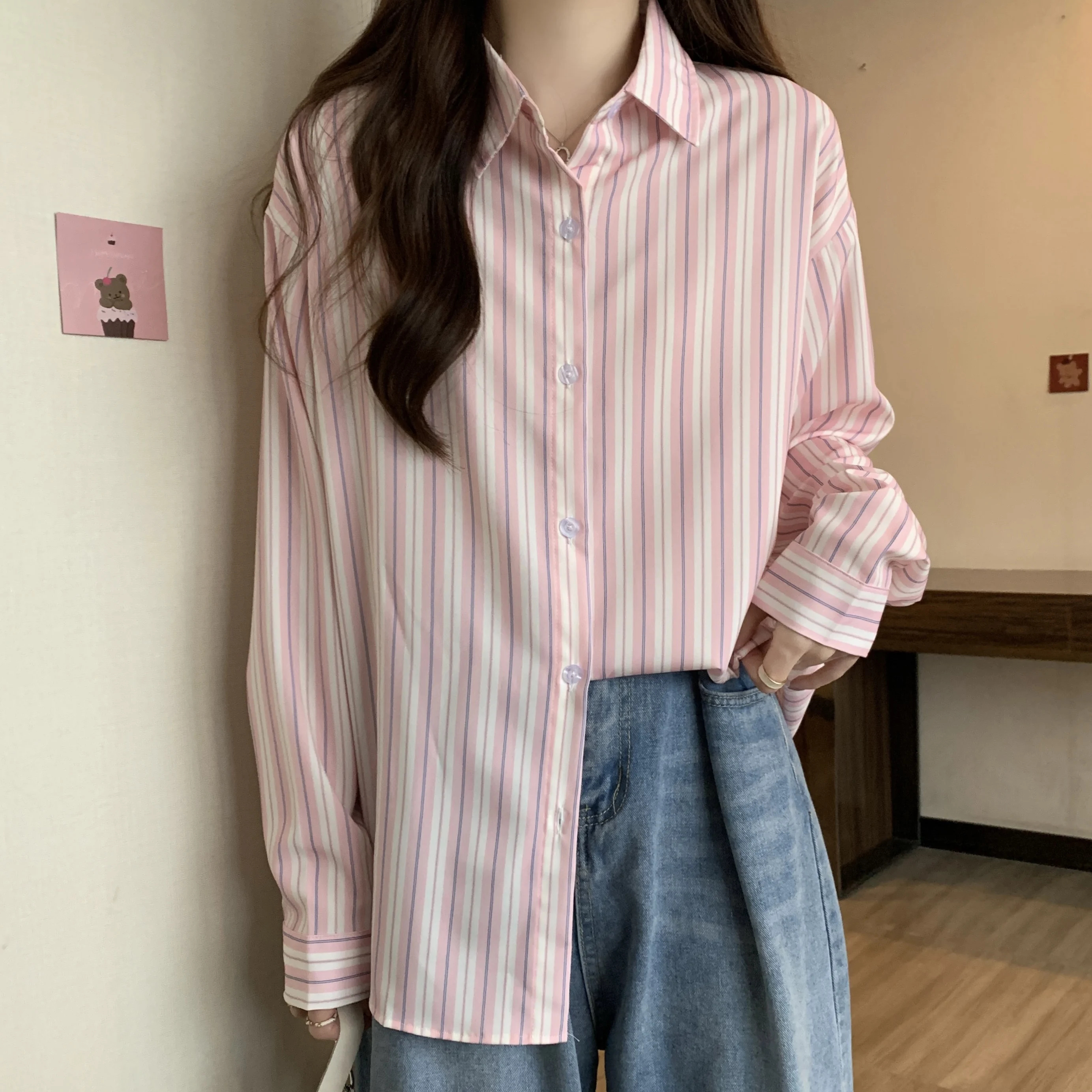 

Женские винтажные тонкие рубашки в розовую полоску, повседневные свободные женские топы и блузки, Корейская одежда в стиле преппи с длинным рукавом, блузка y2k