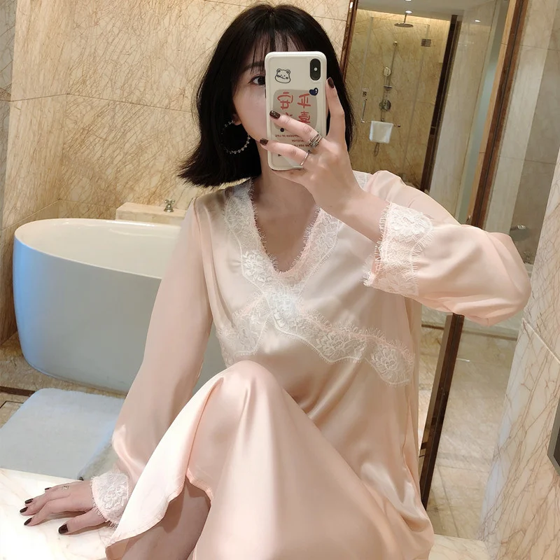 Spring Satin Nightdress Women Lace Faux Silk Long Sleeve V-Neck Sleepshirt French Court Style Nightgowns Sexy Home Dressing Gown