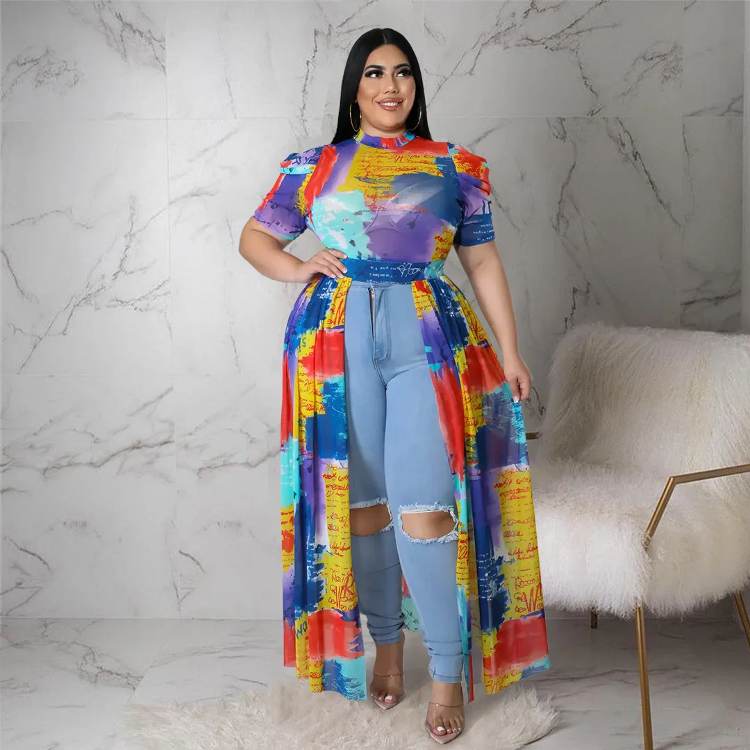 Long Shirt Summer Dress Women Plus Size Clothing  5xl  Short Sleeve Mesh Cutout Sexy Front Asymmetric Top Wholesale Direct Sales