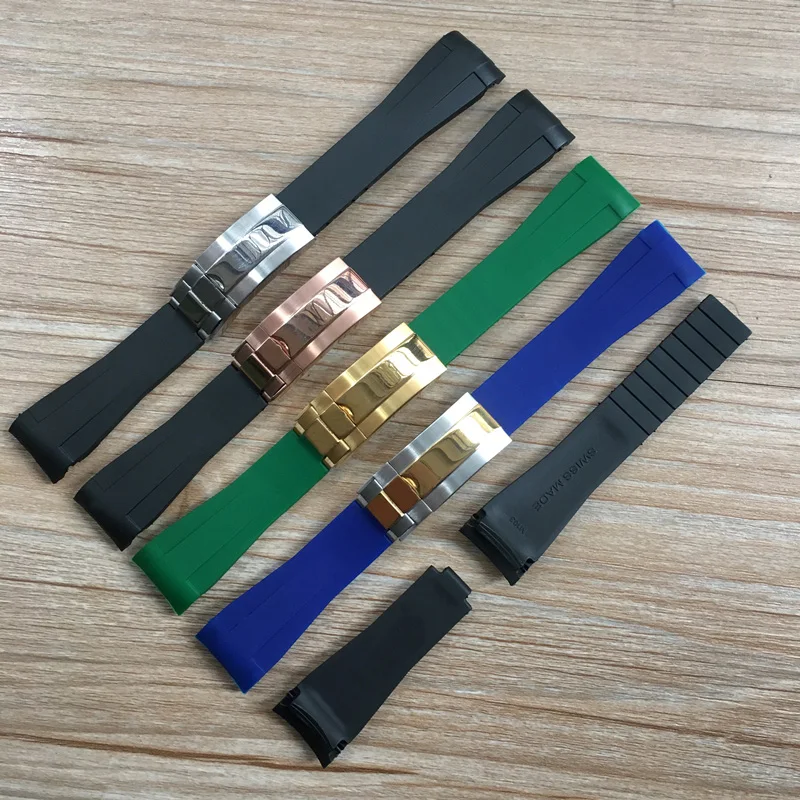 

20mm Soft Black Green Blue Curved End Nature Rubber Watchband For Role strap RX Daytona Submariner GMT explorer 2 Bracelet