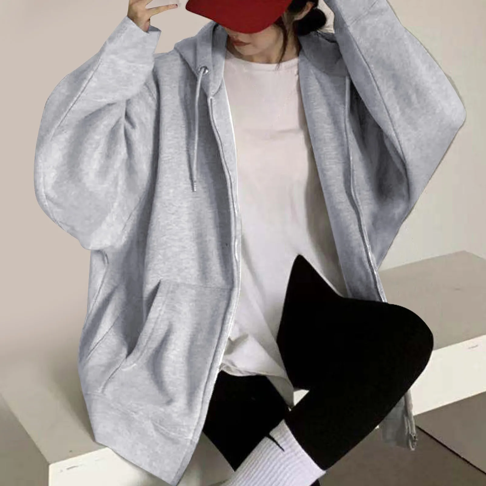 

Solid Zip Up Hoodies Women Hooded Jacket Y2k Aesthetic Oversize Sweatshirts Autumn Pocket Drawstring Blazer Coat Zipper Pullover