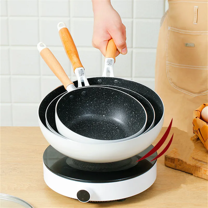 

Thickened Household Non-Stick Frying Pan with Wooden Handle Saucepan Cooking Pots Induction Cooker Gas Stove Kitchen Kitchenware