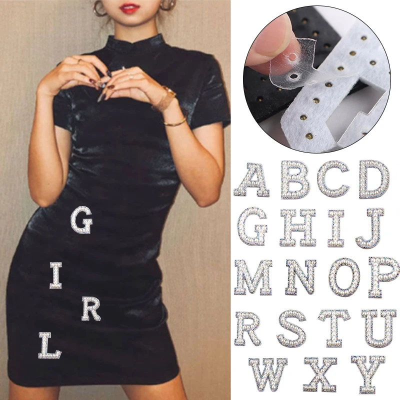 

New A-Z Pearl Rhinestone English Letter Patches Iron on Stickes Applique 3D Handmade Beaded Diy Cute