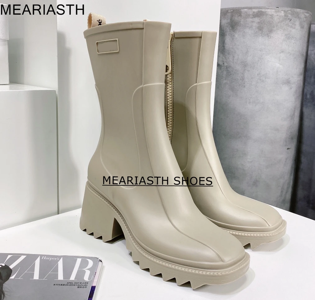 2022 Brand Women PVC Rainboots Chunky Heel Height Increasing Short Boots Thick Sole Motorcycle Ankle Boots For Women Rain Shoes