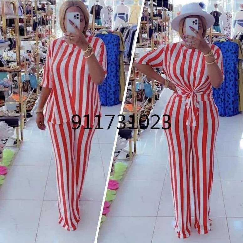 

Африканская одежда в полоску для женщин, комплект из 2 предметов, футболка, топы и брюки, модные костюмы с рукавом 3/4, повседневные африкански...