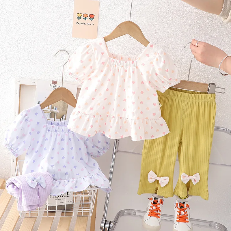 

Kids Clothes Girls 2023 Summer New Children Clothing Cartoon Short Sleeve Top + Bow Pants 2Pcs Sets Clothing For Girls 1-4 Year