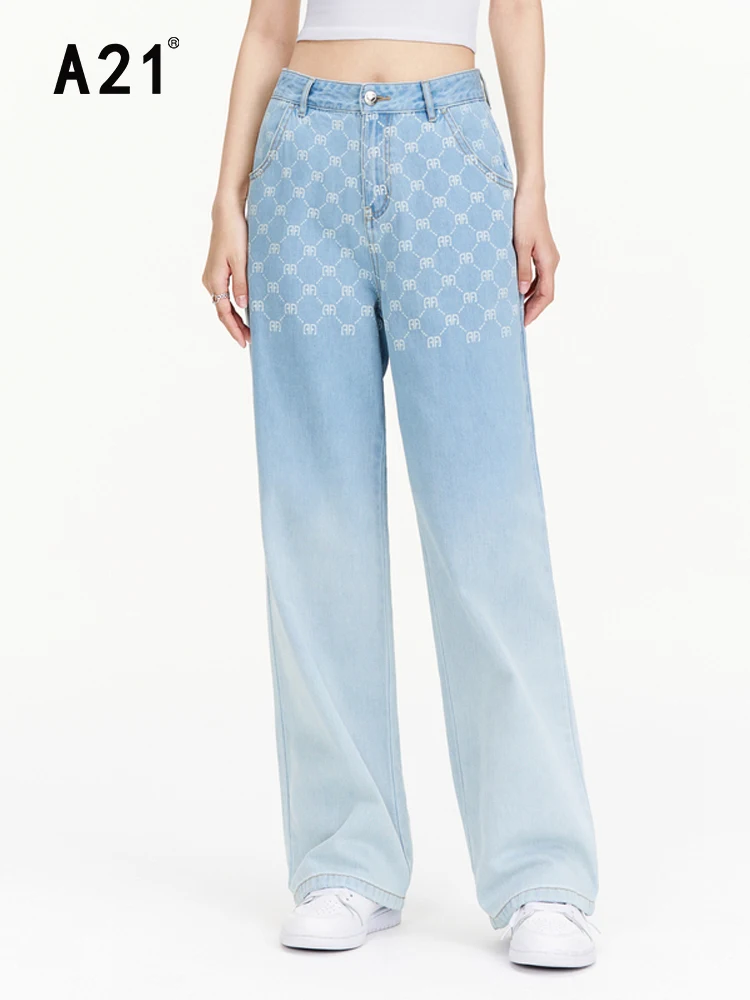 

A21 Women's Gradient Wide Leg High Waist Jeans 2022 Summer New Fashion Vintage Straight Loose Chic Checkerboard Denim Trousers