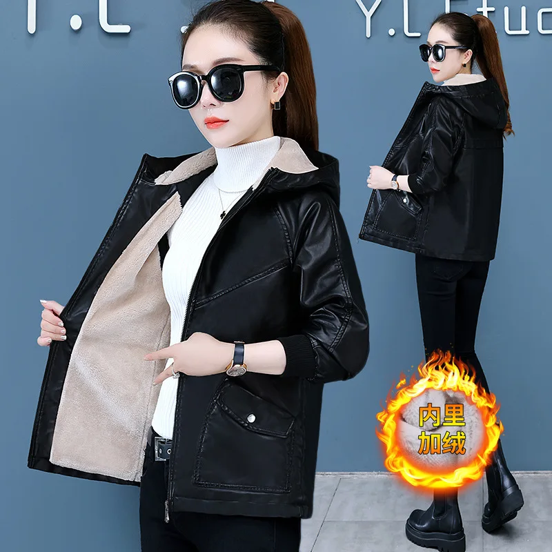 Burgundy Red Fleece Thickened Leather Warm Jacket Women's Autumn  Winter 2022 Hooded Loose Suit Women's Leather Jacket