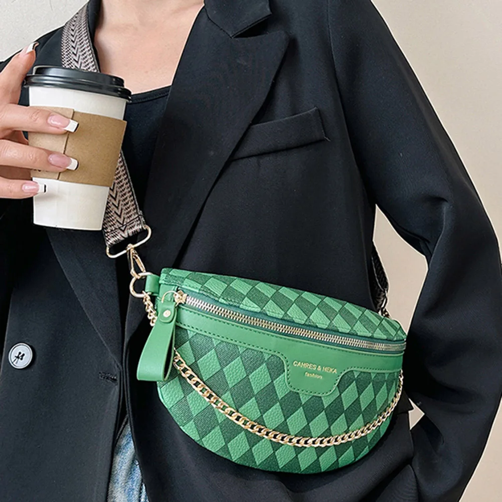 

Ромбовидная решетка, женские сумочки, модная женская цепочка, поясная сумка из искусственной кожи, портативный простой широкий ремешок для выходных, отпуска