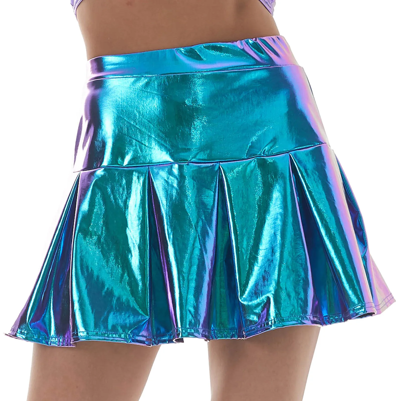 

Women Metallic Shiny Pleated Skirt Miniskirt High Waist A-Line Ruffled Skirts Rave Party Dance Music Festival Nightwear Clubwear