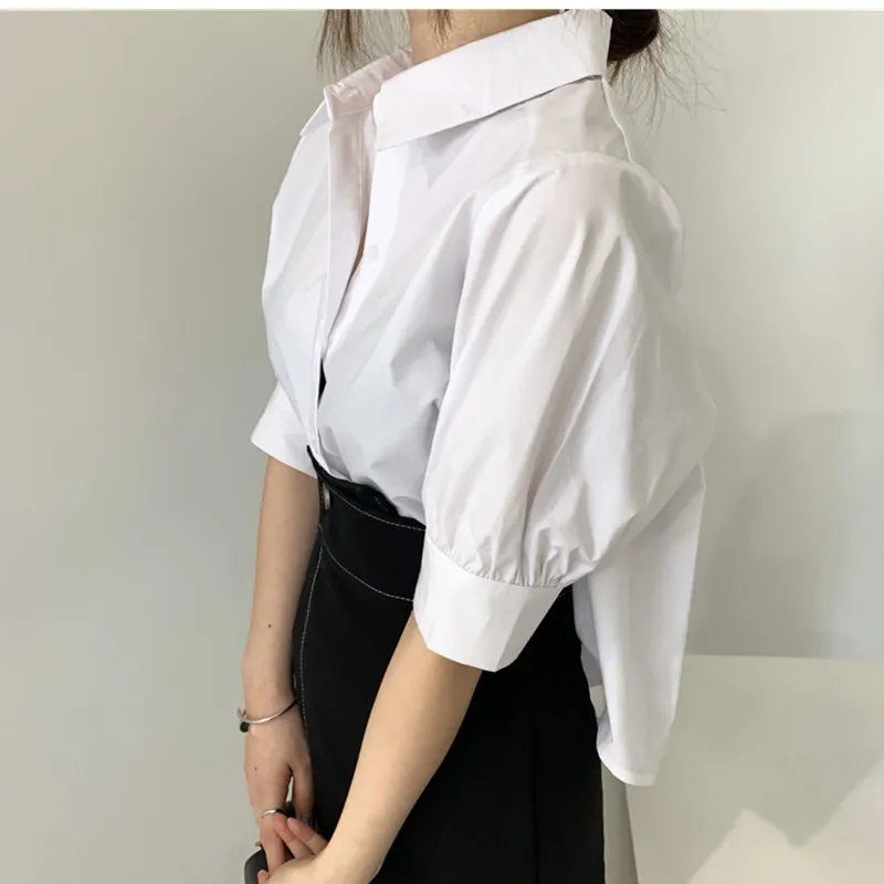 Блузка женская плиссированная Свободная белая с отворотом на спине