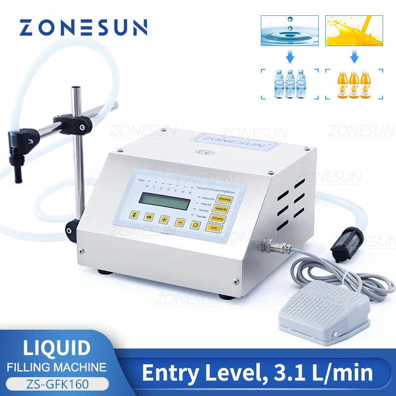 

ZONESUN Liquid Filling Machine Digital Control Water Drink Perfume Juice Milk Small Bottle Jar Diaphragm Pump Packing ZS-GFK160