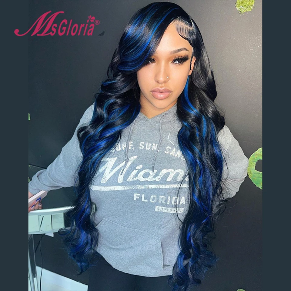 

13x6 HD Transparent Lace Front Wig 13x4 Lace Frontal Wig Blue Highlight Wig Human Hair Body Wave Lace front wig For Black Women